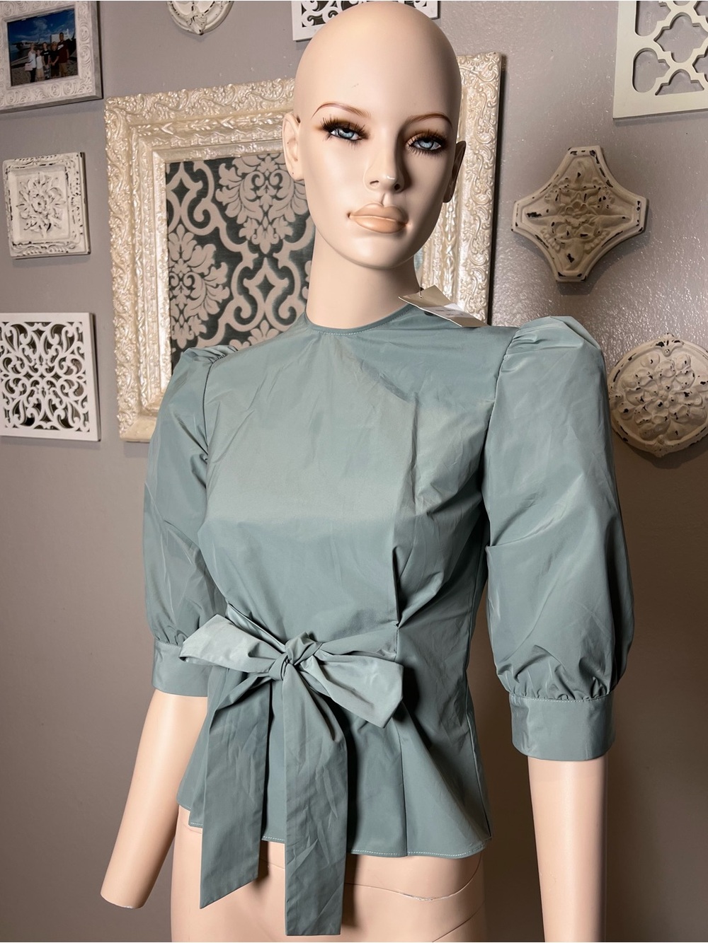 Sage Green Puff Sleeve Tie-Waist Blouse